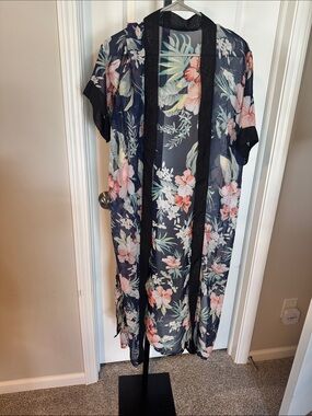 Sheer Navy Floral Kimono Cover-Up